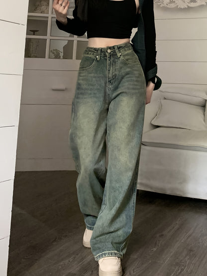 vlovelaw  High Waist Washed Wide Leg Jeans, Slant Pocket Loose Vintage Baggy Jeans, Women's Denim Jeans & Clothing