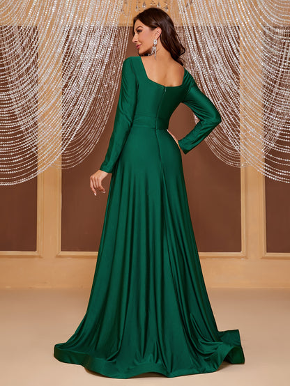 vlovelaw  Solid Square Neck Bridesmaid Dress, Elegant Long Sleeve Split Floor Length Dress For Wedding Party, Women's Clothing