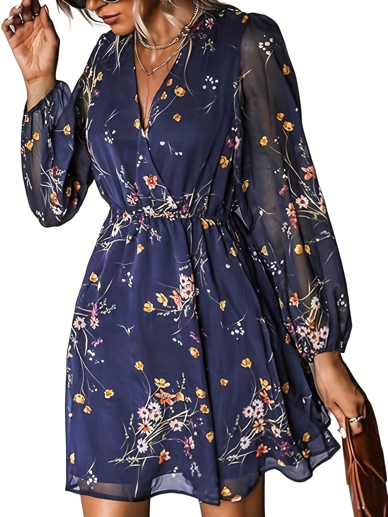 vlovelaw Floral Pint Surplice Neck Dress, Elegant Long Sleeve Mini Dress, Women's Clothing