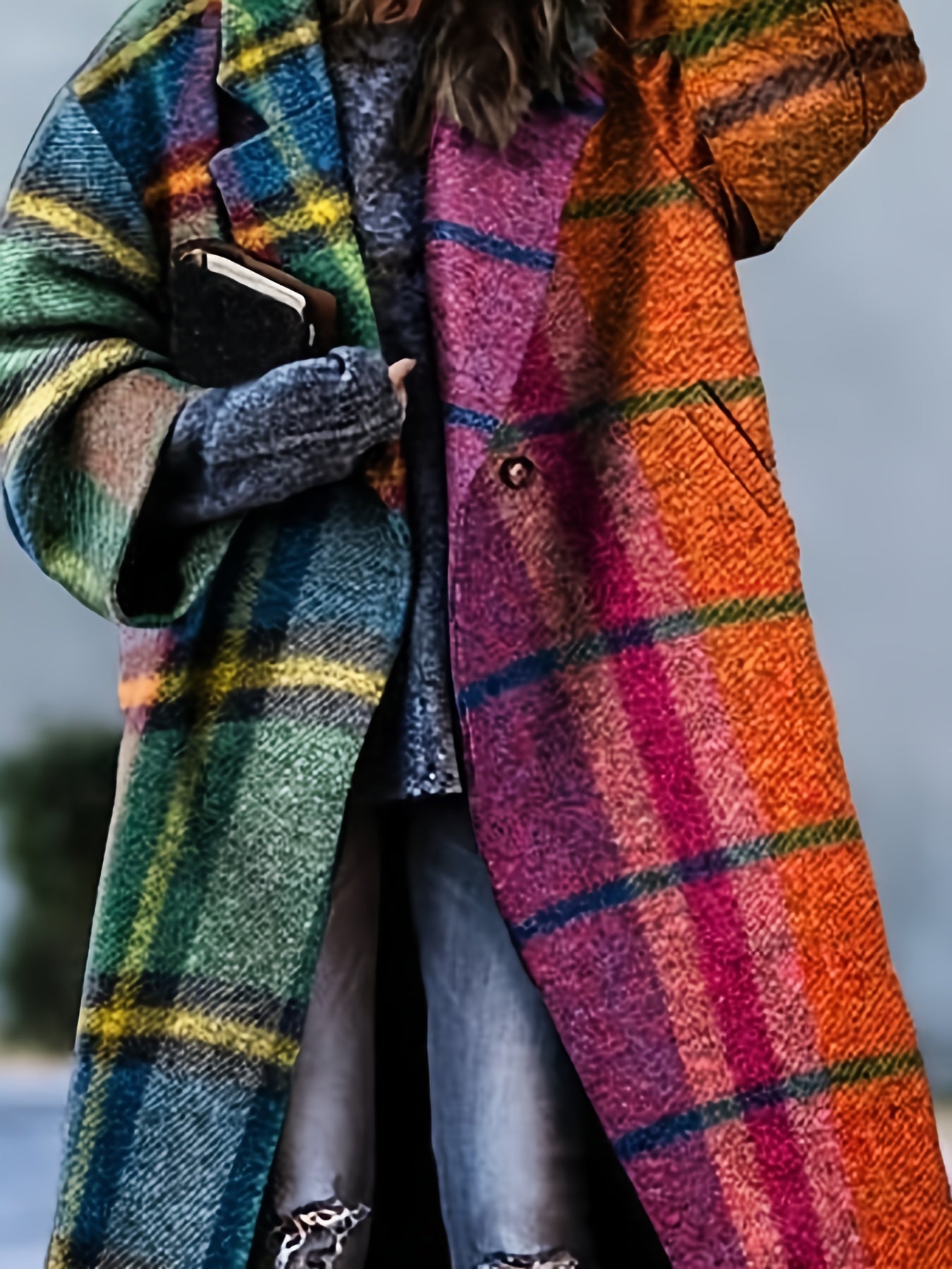 Plaid Lapel Collar Coat, Casual Long Sleeve Coat For Fall & Winter, Women's Clothing