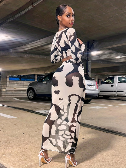 vlovelaw  Allover Print Sheer Two-piece Set, Cropped Long Sleeve Tops & Bag Hip Maxi Skirts Outfits, Women's Clothing