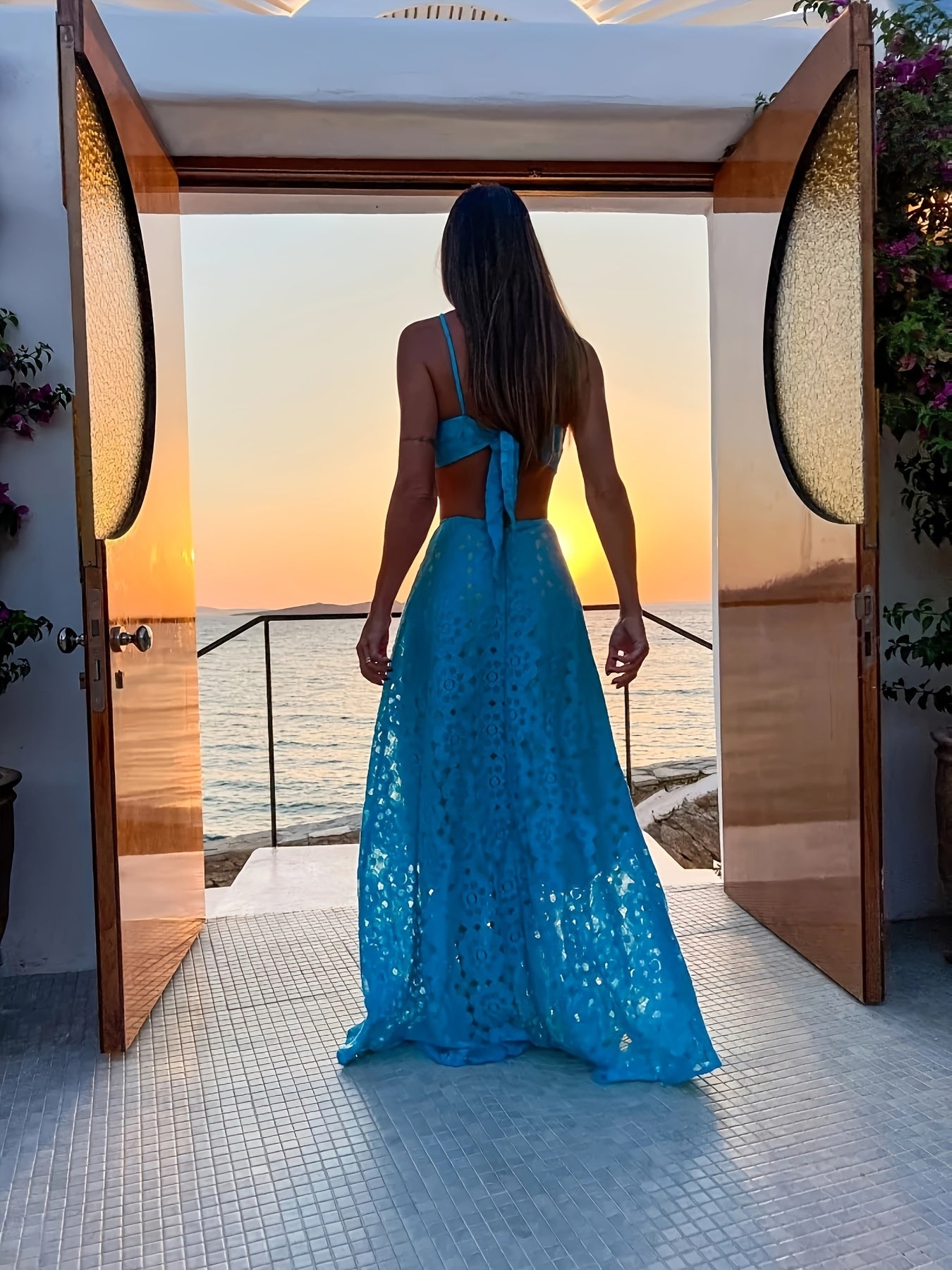 Guipure Lace Cut Out Waist Cami Dress, Vacation Sleeveless Tie Backless Floor Length Dress, Women's Clothing