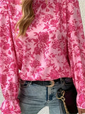 vlovelaw  Floral Print Ruffle Trim Blouse, Casual Crew Neck Long Sleeve Blouse, Women's Clothing