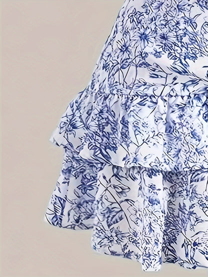 vlovelaw  Floral Print Cami Dress, Elegant Backless Layered Ruffle Hem Dress For Spring & Summer, Women's Clothing