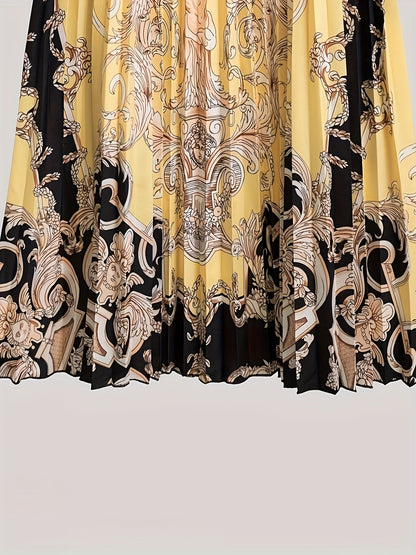 Plus Size Elegant Skirt, Women's Plus Baroque Print Elastic Waist High Rise Pleated Maxi Skirt