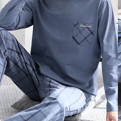 High-end 2 Pcs Men's Classic Letter Plaid Print Pocket Long Sleeve & Plaid Long Pants Pajama Set, Comfortable & Skin-friendly Pajamas For Men's Cozy Loungewear