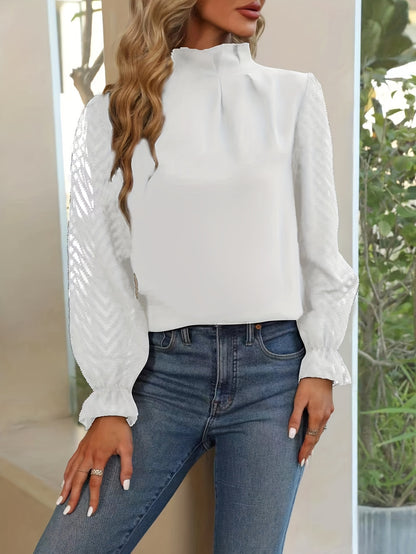 Ruched Keyhole Blouse, Elegant Solid Long Sleeve Versatile Blouse, Women's Clothing