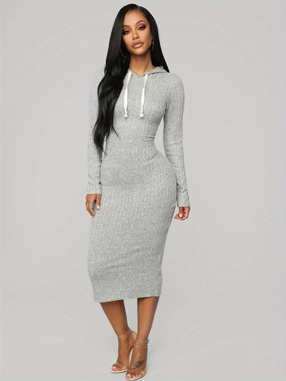 Ribbed Hooded Bodycon Dress, Casual Long Sleeve Drawstring Midi Dress, Women's Clothing