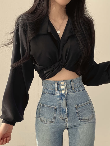 vlovelaw  Solid Collared Twist Bowknot Back Shirt, Elegant Puff Long Sleeve Shirt For Spring & Summer, Women's Clothing