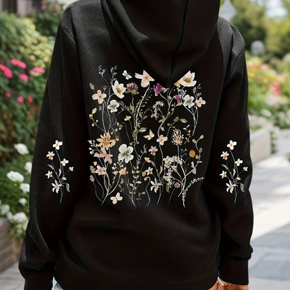vlovelaw  Plus Size Casual Sweatshirt, Women's Plus Floral Print Long Sleeve Drawstring Hoodie Sweatshirt With Pockets