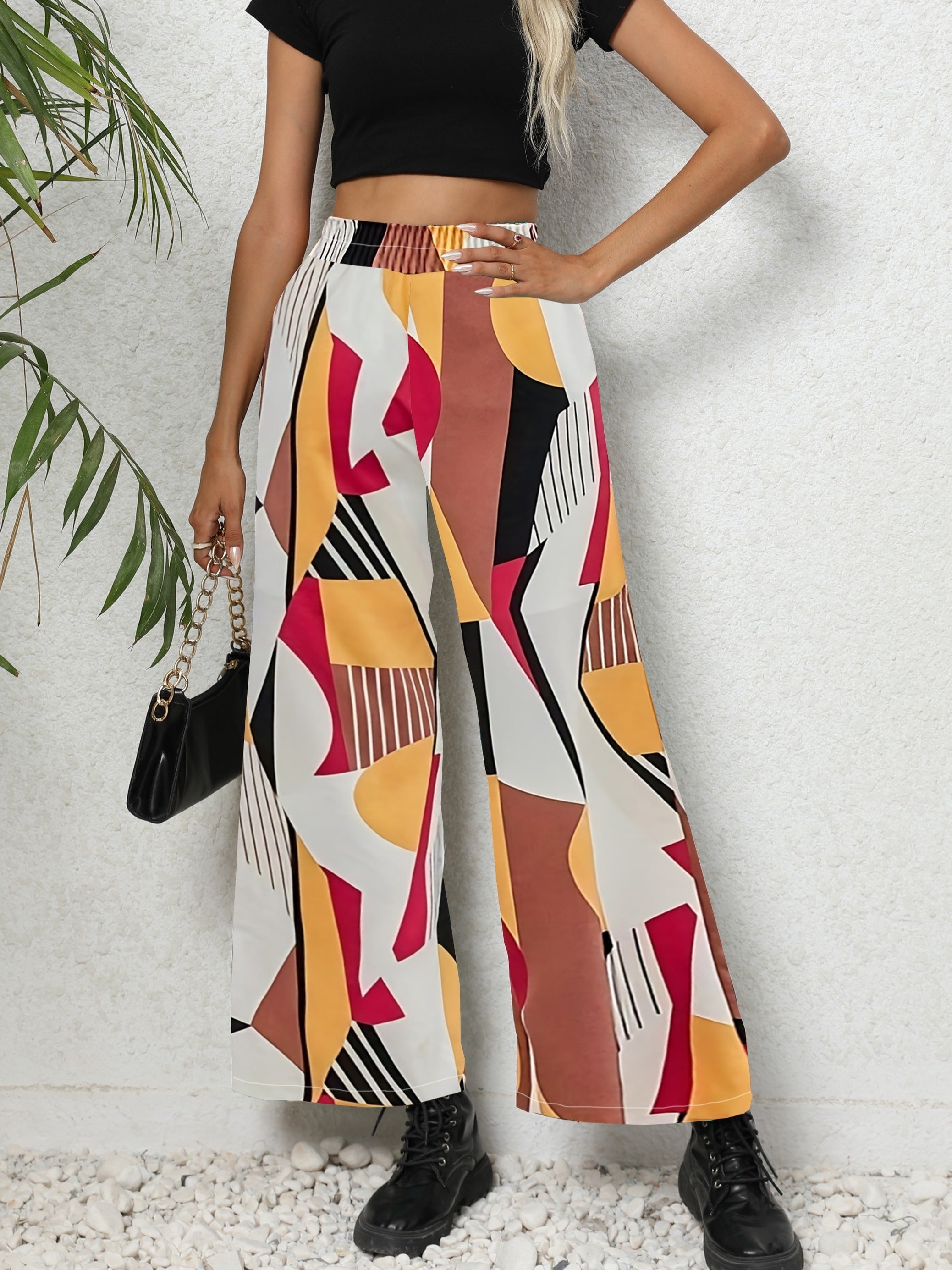 vlovelaw  Geo Print Wide Leg Pants, Casual High Waist Loose Pants For Spring & Summer, Women's Clothing