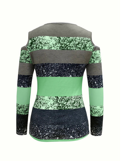 vlovelaw Zipper Color Block T-shirt, Casual Cold Shoulder Long Sleeve T-shirt, Women's Clothing
