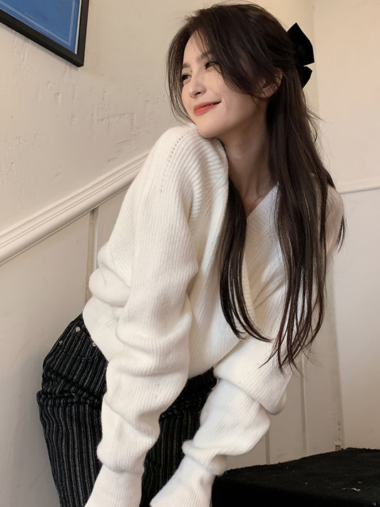 vlovelaw  Solid Color Surplice Neck Pullover Sweater, Button Decor Long Sleeve Knitted Sweater For Fall & Winter, Women's Clothing