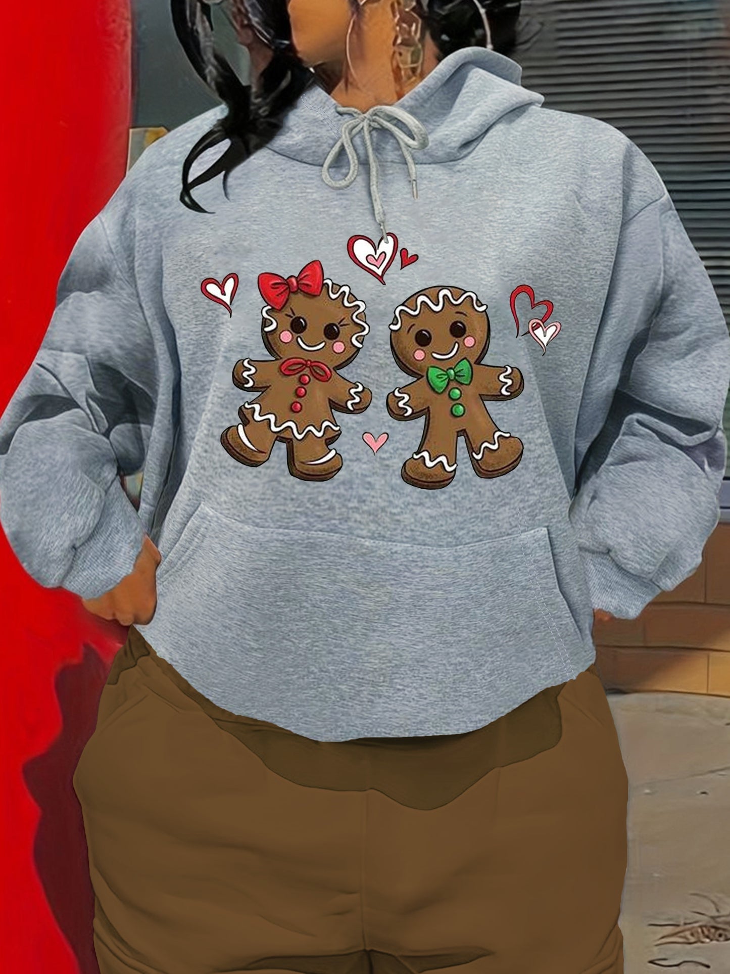 Festive Gingerbread Man Design Hoodie - Soft Casual Long Sleeve Kangaroo Pocket Sweatshirt with Relaxed Fit, Women's Cozy Winter Clothing for Holiday Season