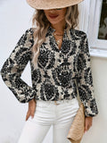 Ethnic Floral Print Blouse, Boho V Neck Long Sleeve Blouse, Women's Clothing