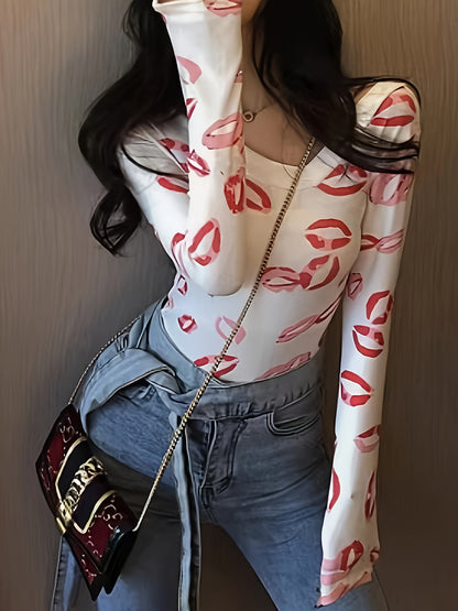 vlovelaw  Lip Kiss Print V Neck T-shirt, Elegant Long Sleeve Slim Fit Top, Women's Clothing