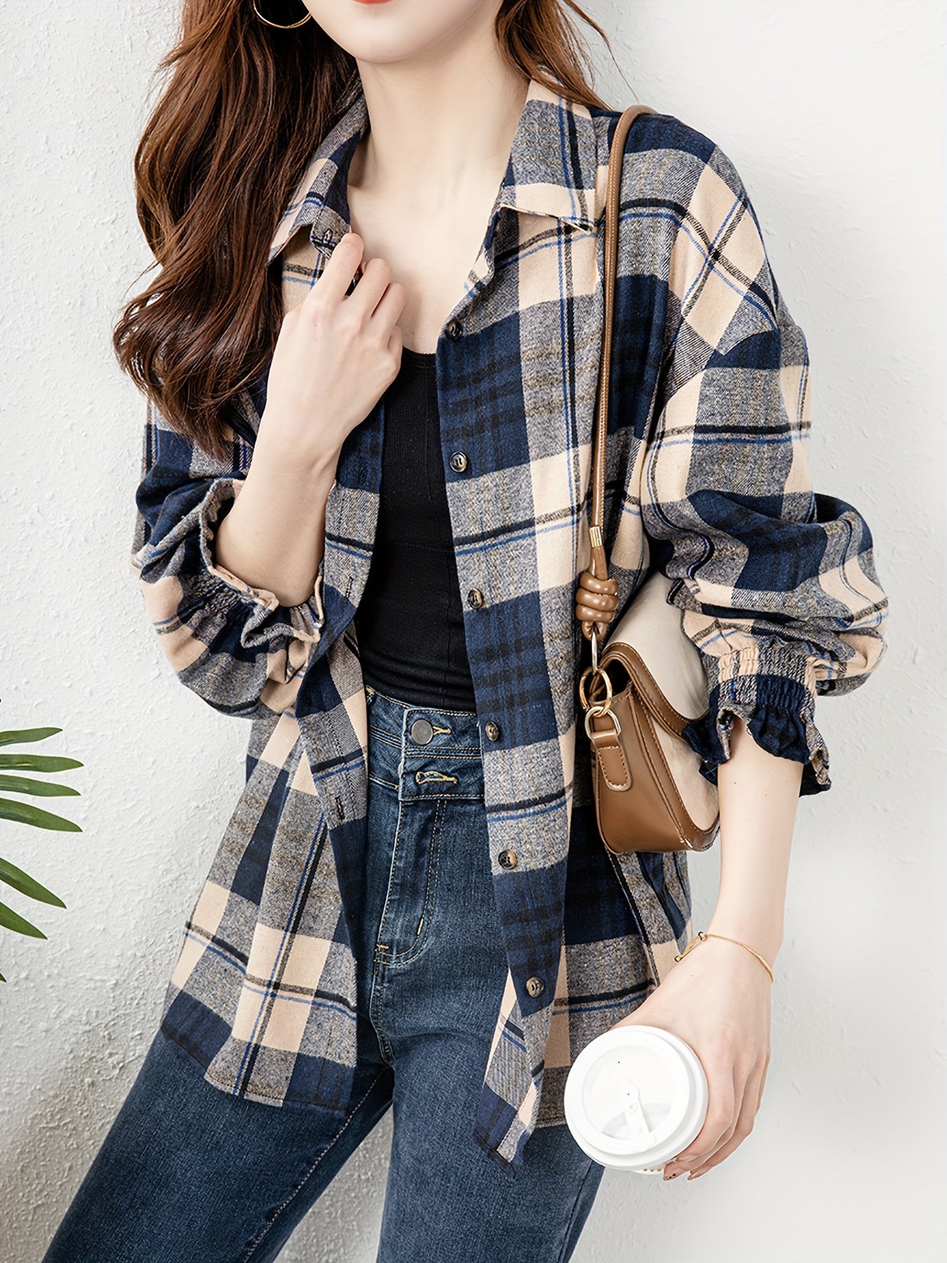 vlovelaw  Plaid Print Button Front Blouse, Casual Long Sleeve Blouse For Spring & Fall, Women's Clothing