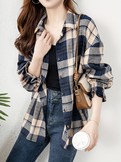 vlovelaw  Plaid Print Button Front Blouse, Casual Long Sleeve Blouse For Spring & Fall, Women's Clothing