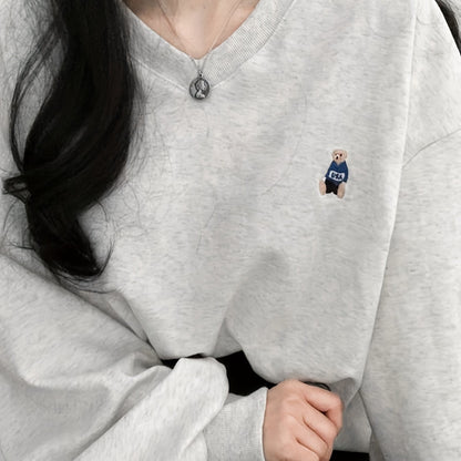 vlovelaw Bear Pattern Embroidered Sweatshirt, Casual Long Sleeve V Neck Sweatshirt For Fall & Winter, Women's Clothing
