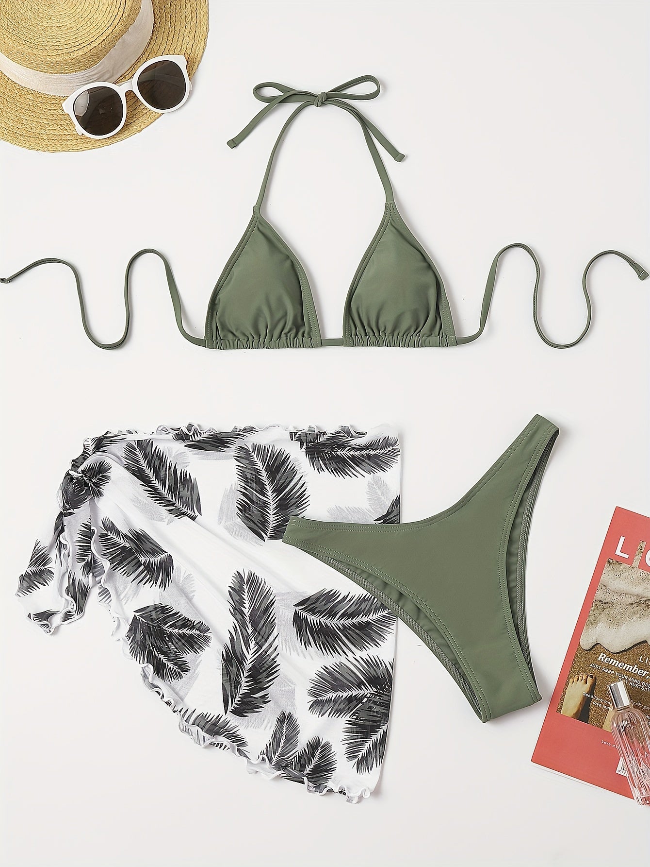 Three-Piece Bikini Set - Flattering Halter Neck Design, Ultra Quick-Drying Technology, Comfortable Four-Way Stretch Fabric - Designed for Women, Vibrant Feather Print Pattern, Matching Cover Up Skirt, Perfect for Beachwear and Poolside Fashion