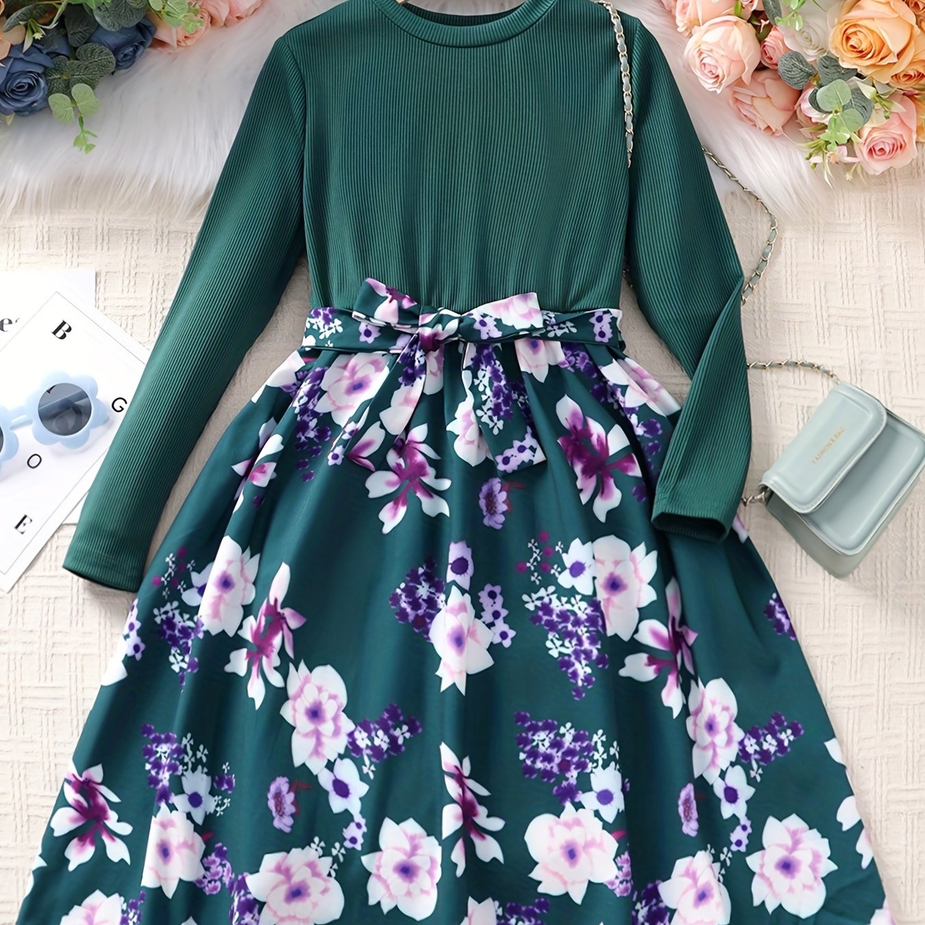 vlovelaw  Girls Long Sleeves Round Neck Flowers Splicing Belted Dress For Party Kids Spring Clothes