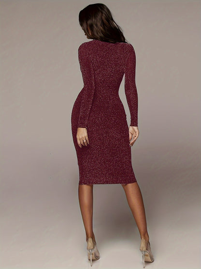 vlovelaw  Glitter Crew Neck Long Sleeve Dress, Elegant Evening Bodycon Dress, Women's Clothing