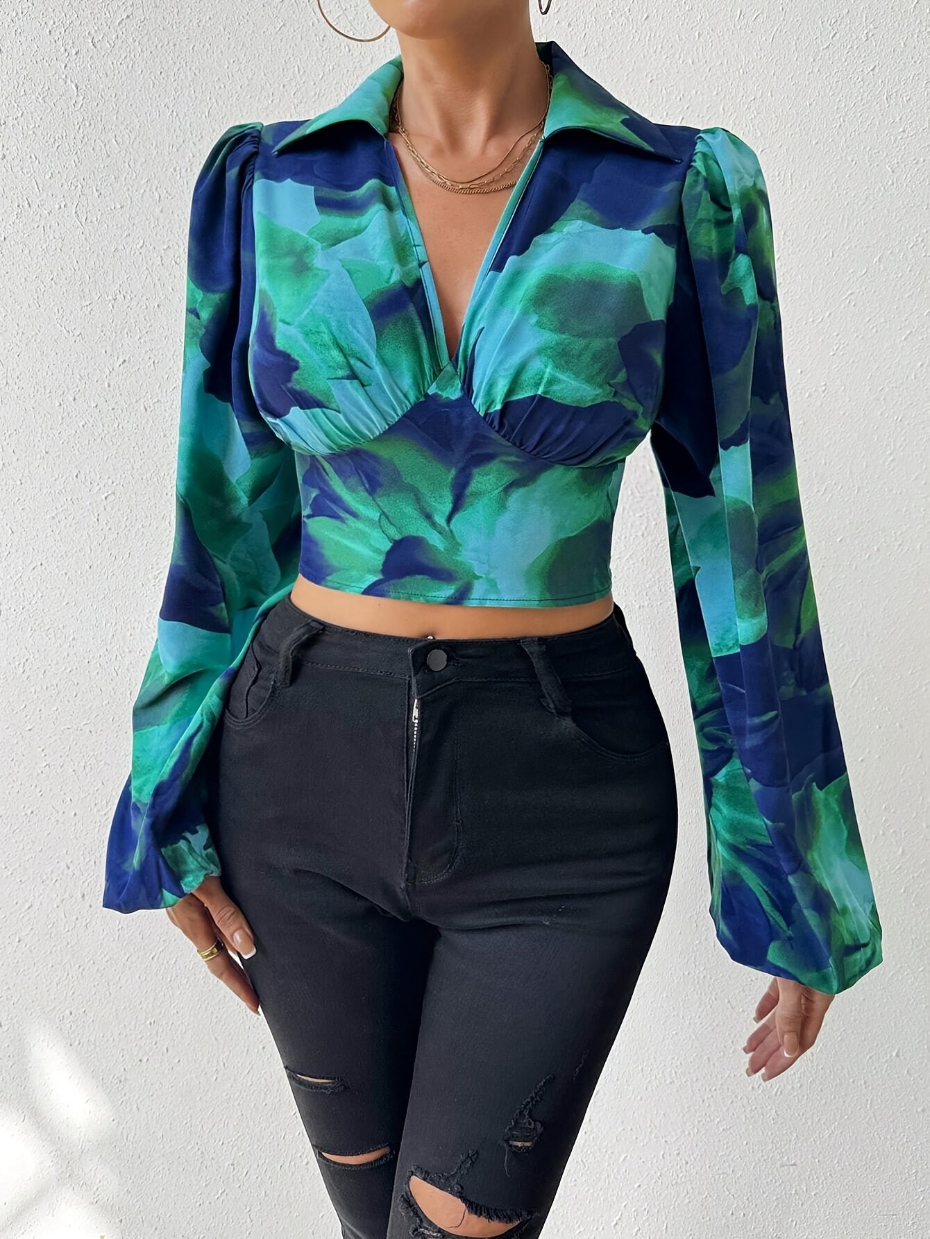 vlovelaw Tie Dye Print Lapel Neck Blouse, Elegant Cut Out Bow Back Ruched Bust Long Sleeve Blouse For Spring & Summer, Women's Clothing