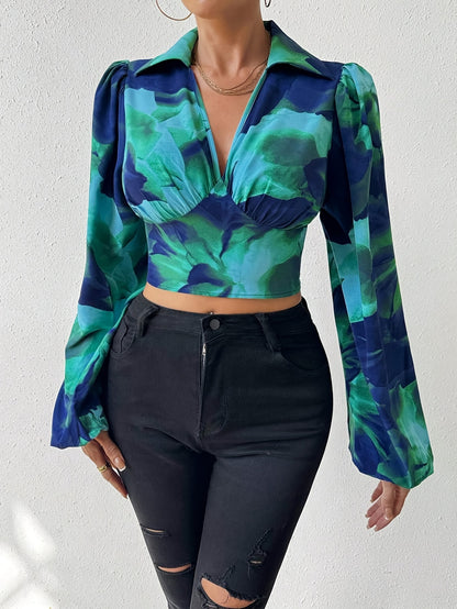vlovelaw Tie Dye Print Lapel Neck Blouse, Elegant Cut Out Bow Back Ruched Bust Long Sleeve Blouse For Spring & Summer, Women's Clothing