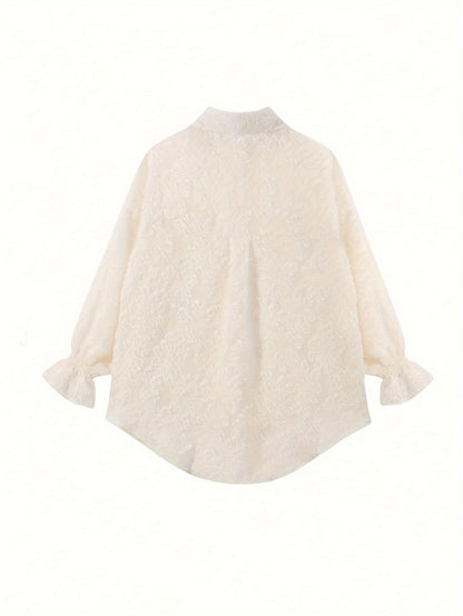 vlovelaw Floral Pattern Button Front Lace Blouse, Elegant Long Sleeve Loose Stylish Top, Women's Clothing