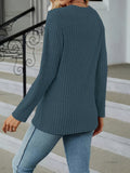 Plus Size Casual Top, Women's Plus Solid Ribbed Long Sleeve Round Neck Wrap Hem Medium Stretch Top