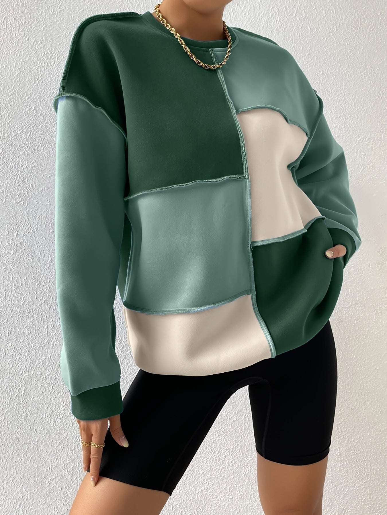 Color Block Crew Neck Sweatshirt, Casual Long Sleeve Drop Shoulder Sweatshirt, Women's Clothing