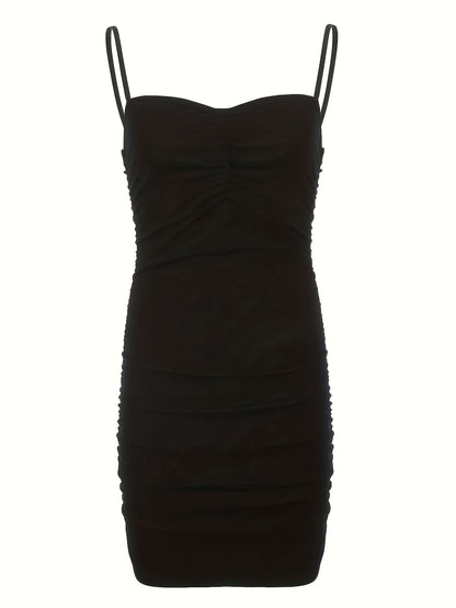 vlovelaw  Ruched Bodycon Solid Dress, Party Wear Spaghetti Strap Dress, Women's Clothing