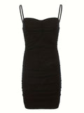 vlovelaw  Ruched Bodycon Solid Dress, Party Wear Spaghetti Strap Dress, Women's Clothing