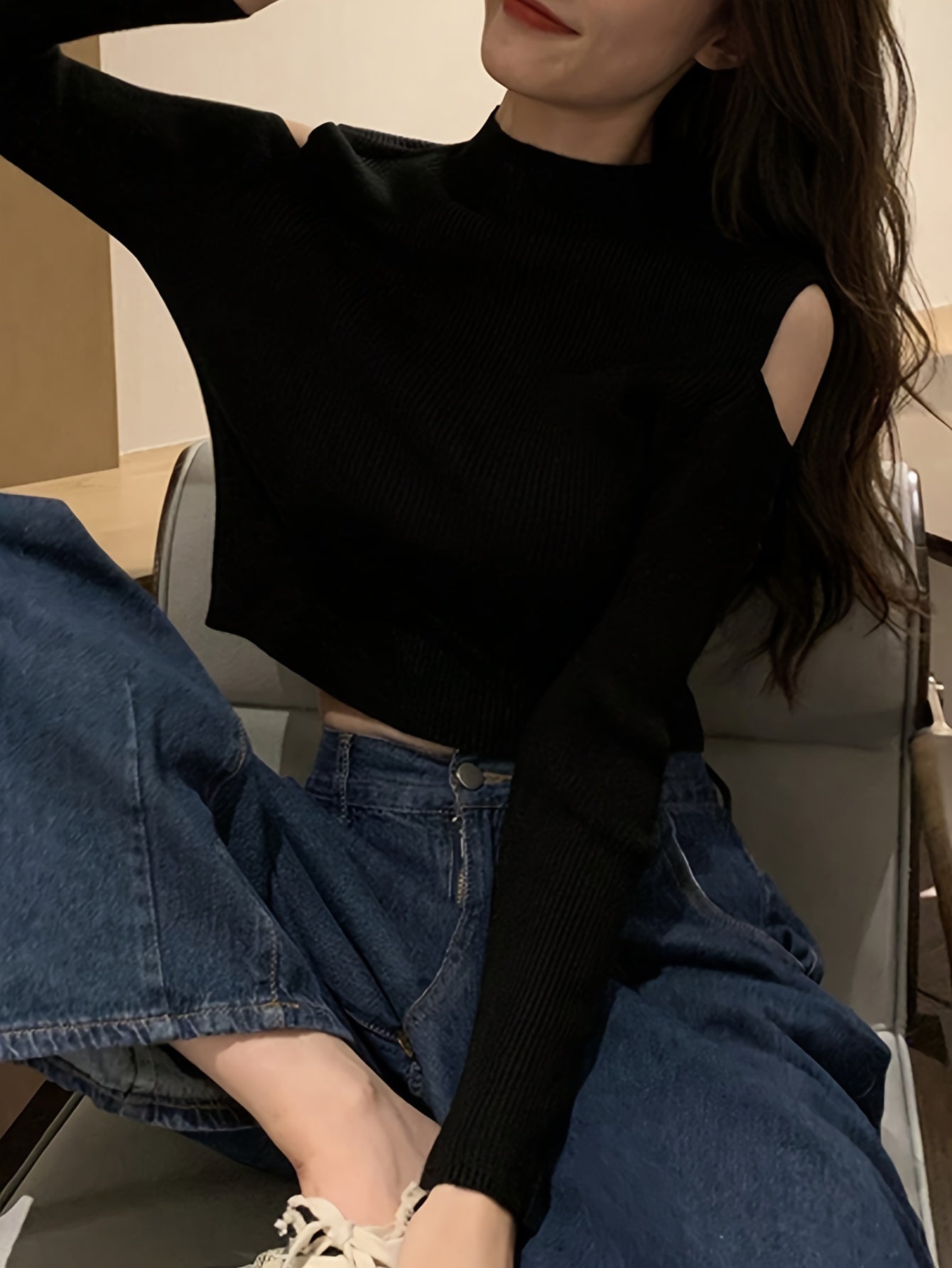Solid Mock Neck Knitted Top, Casual Cold Shoulder Long Sleeve Slim Sweater, Women's Clothing