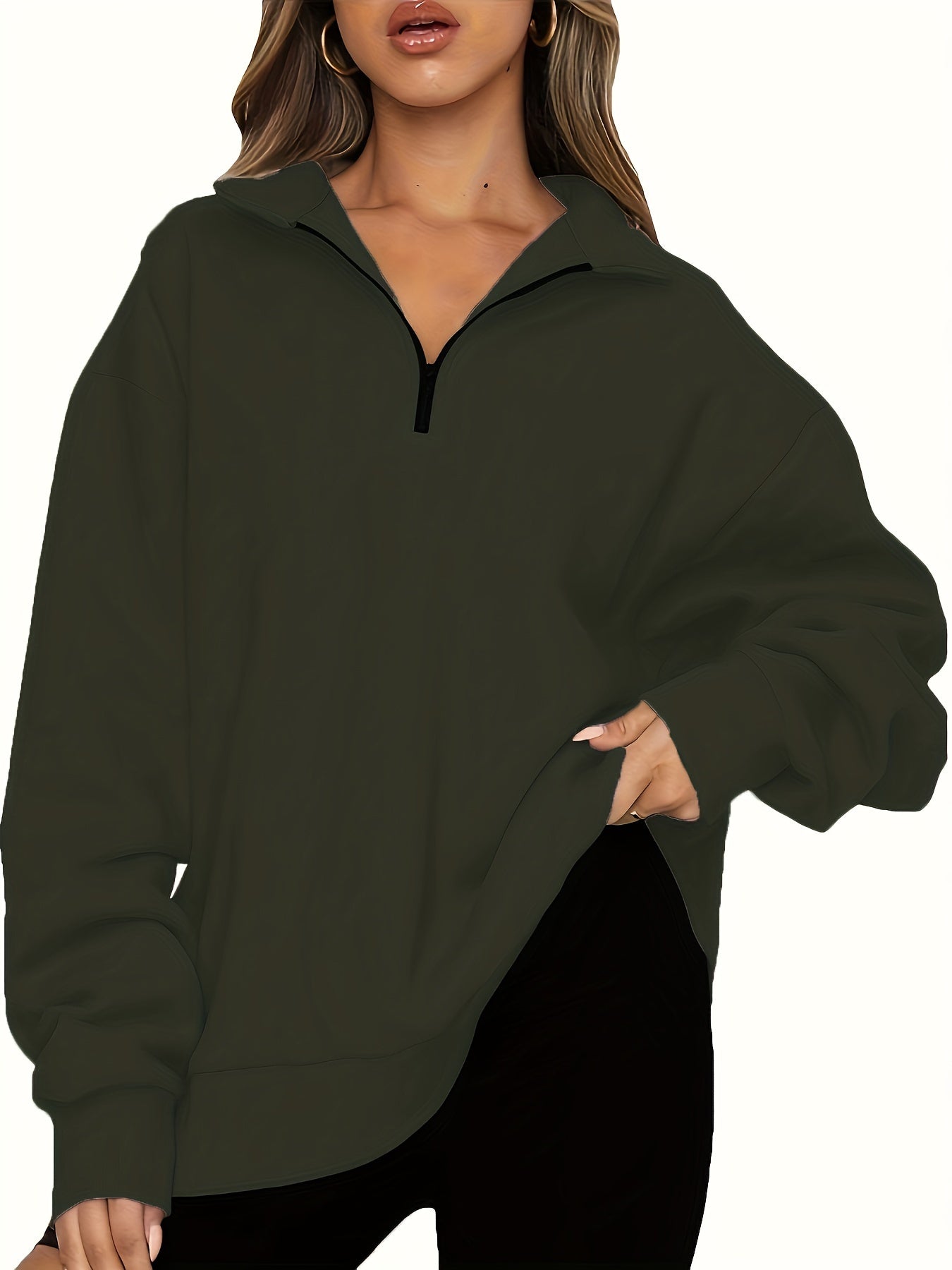 vlovelaw  Plus Size Casual Sweatshirt, Women's Plus Solid Long Sleeve Zip Up Lapel Collar Pullover Sweatshirt, Casual Tops For Fall & Winter, Women's Clothing