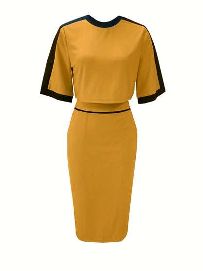 vlovelaw Contrast Trim Two-piece Skirt Set, Half Sleeve Crop Top & Elegant Bodycon Skirt Outfits, Women's Clothing