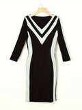 vlovelaw  Color Block Simple Dress, Casual V Neck Long Sleeve Pencil Dress, Women's Clothing