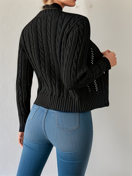 vlovelaw  Solid Button Up Cable Knit Cardigan, Elegant Long Sleeve Slim Sweater, Women's Clothing