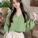 vlovelaw Button Front Solid Blouse, Casual V Neck Long Sleeve Blouse, Women's Clothing
