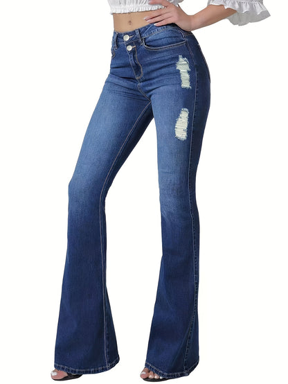 vlovelaw  Blue Double Button Flare Jeans, High Waist Ripped Holes High Stretch Versatile Bell Bottom Jeans, Women's Denim Jeans & Clothing