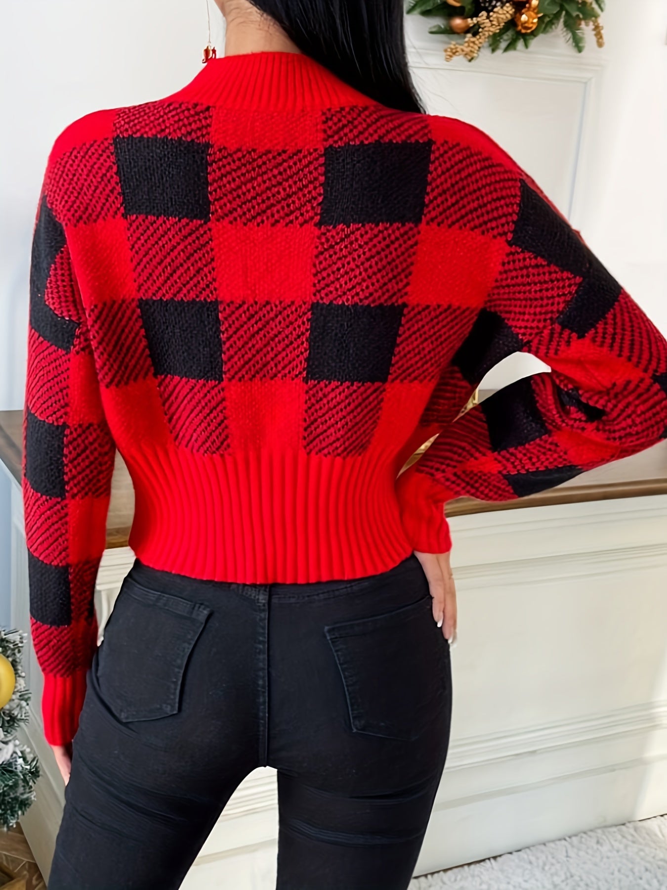 vlovelaw Christmas Plaid Mock Neck Pullover Sweater, Casual Cinched Waist Long Sleeve Sweater, Women's Clothing