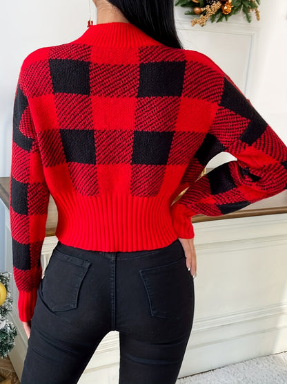 vlovelaw Christmas Plaid Mock Neck Pullover Sweater, Casual Cinched Waist Long Sleeve Sweater, Women's Clothing
