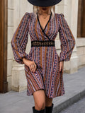 vlovelaw  Contrast Lace Striped Dress, Elegant V Neck Long Sleeve Dress, Women's Clothing