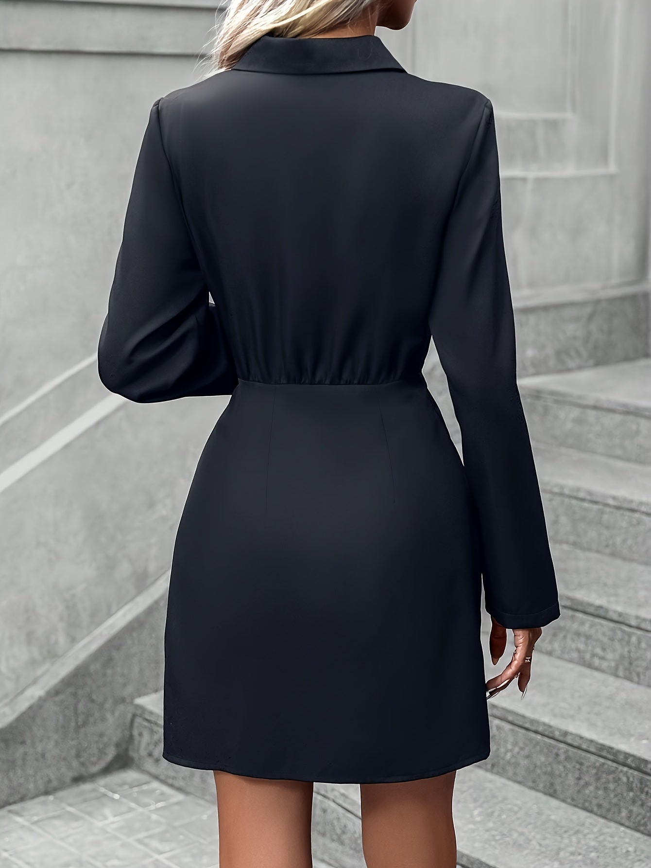 vlovelaw  Solid Bodycon Mini Dress, Elegant Contrast Collar Long Sleeve Dress, Women's Clothing