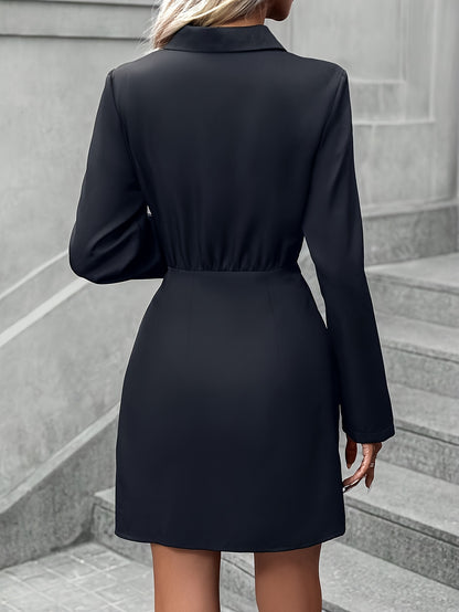 vlovelaw  Solid Bodycon Mini Dress, Elegant Contrast Collar Long Sleeve Dress, Women's Clothing