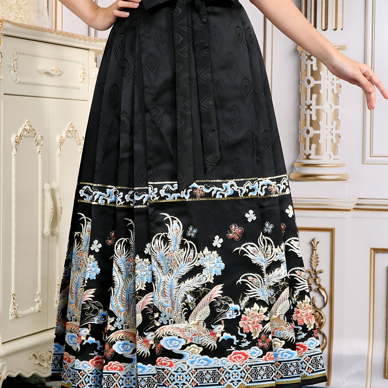 vlovelaw Floral Print Improved Hanfu, Elegant Pleated Midi Lace Up Horse Face Skirt For Festival, Women's Clothing