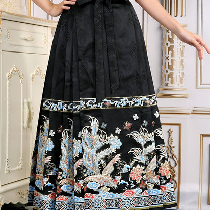 vlovelaw Floral Print Improved Hanfu, Elegant Pleated Midi Lace Up Horse Face Skirt For Festival, Women's Clothing
