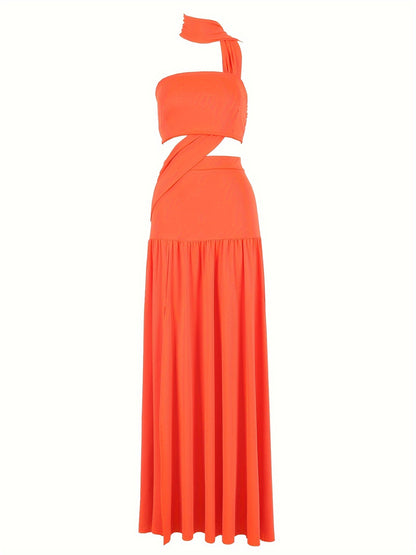 vlovelaw  Elegant Solid Two-piece Skirt Set, Crop Halter Top & Ruffle Hem Split Court Train Skirt Outfits, Women's Clothing
