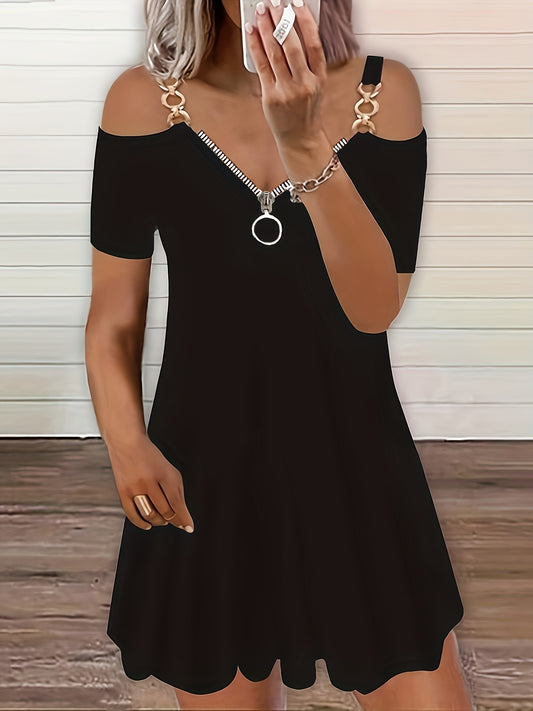 vlovelaw Plus Size basic Dress, Women's Plus Solid Chain Decor Cold Shoulder Short Sleeve Zipper V Neck Dress