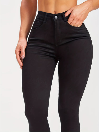 Solid Black Skinny Jeans, High Stretch Mid Rise Stylish Plain Denim Pants, Essential Basic Pants For Every Day, Women's Denim Jeans & Clothing